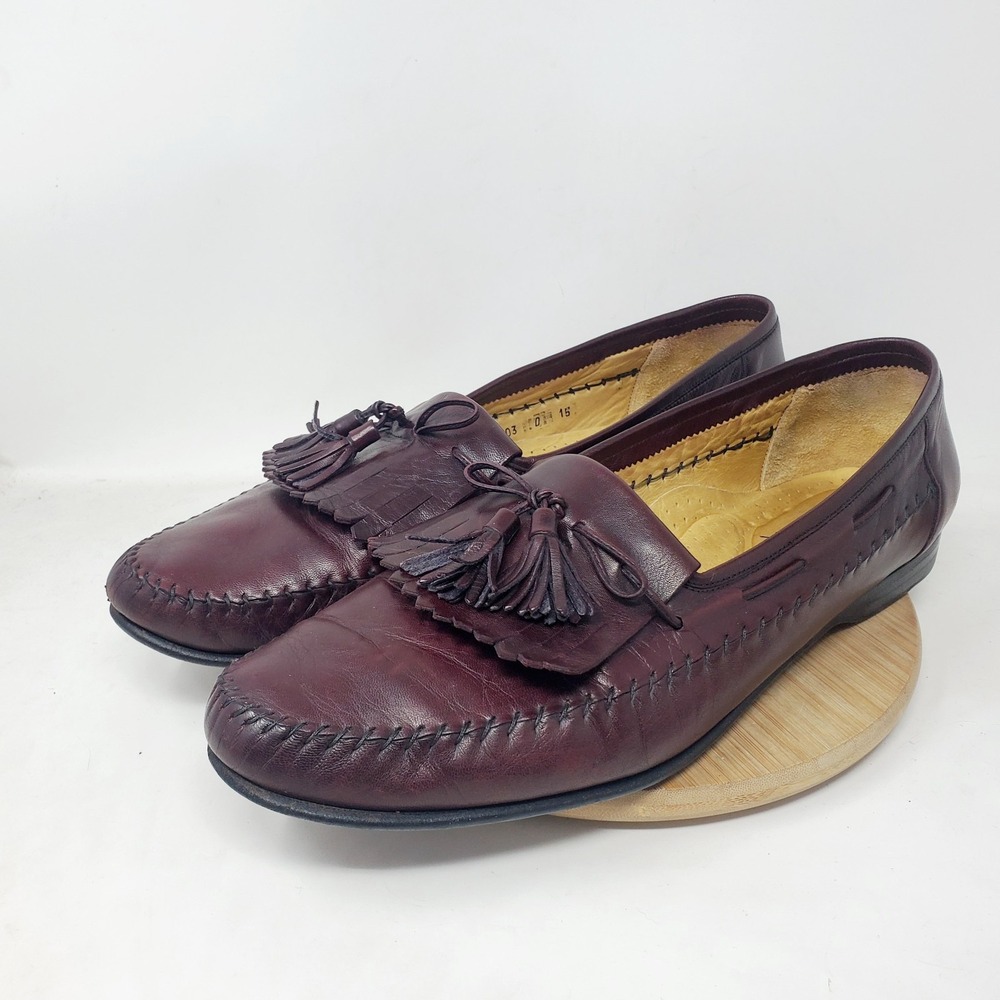 Santoni Loafers Mens 15 Burgundy Leather Kiltie Tassel Slip On Shoes Italy - Picture 3 of 16
